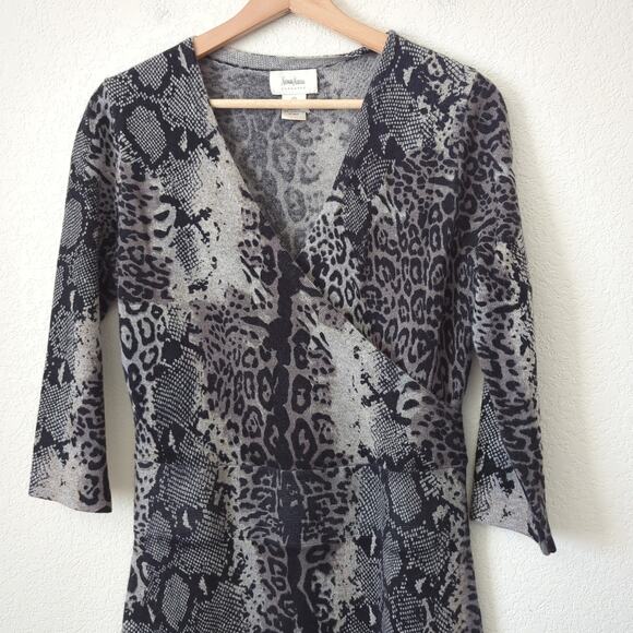 Neiman Marcus Cashmere Dress M Faux Wrap 1/2 Sleeve Mixed Animal Print Cheetah - Picture 6 of 7